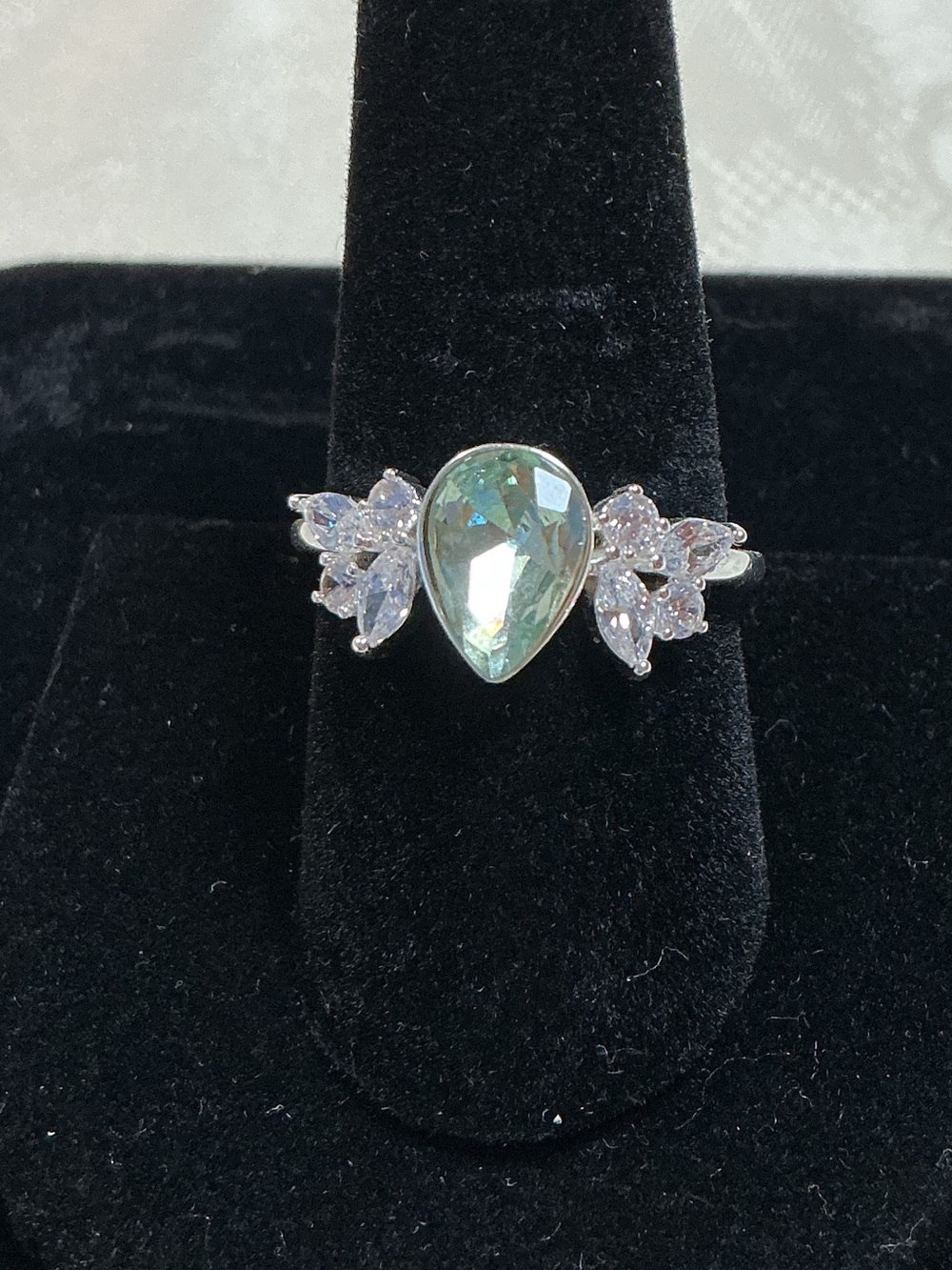 Light Green Pear Cut Lab Created Silver Tone Leaf Cluster Ring